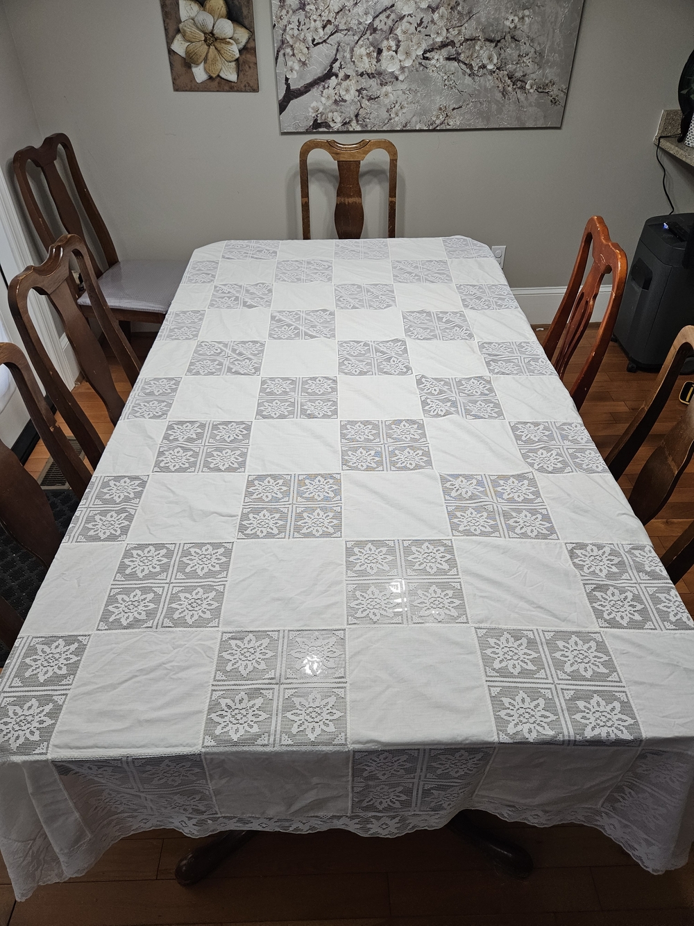 Vintage Madeira Filet Lace Patchwork Tablecloth Cotton Linen Checkered Rectangle